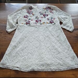 Umgee White Lace Floral Emroidery Three-Quarter Sleeve Dress Size Medium